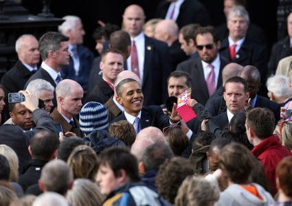 President Barack Obama greets gathered crowds at College Green in Dublin