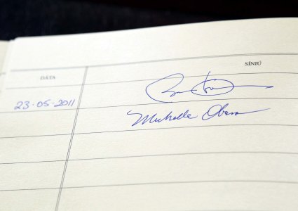 President Obama and First Lady Michelle Obama's signatures in the visitor's book at Aras an Uachtarain