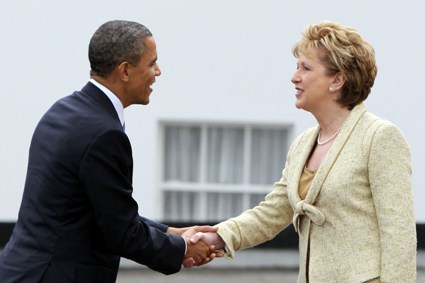 President Barack Obama greeted by President Mary McAleese at Áras an Uachtaráin