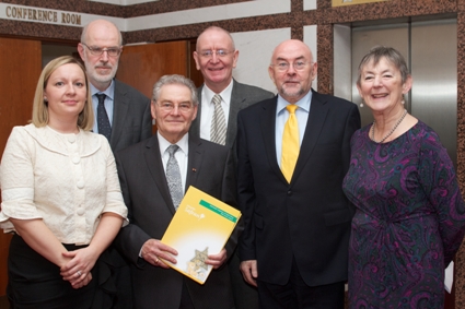 (l-r) Minister Creighton, Francis Jacobs, Head of the European Parliament Information Office in Ireland Holocaust survivor, Tomi Reichental, Peter Cassells, Chairperson of the Holocaust Education Trust Ireland, Minister Quinn,Mary Banotti, founding trustee, HETI.